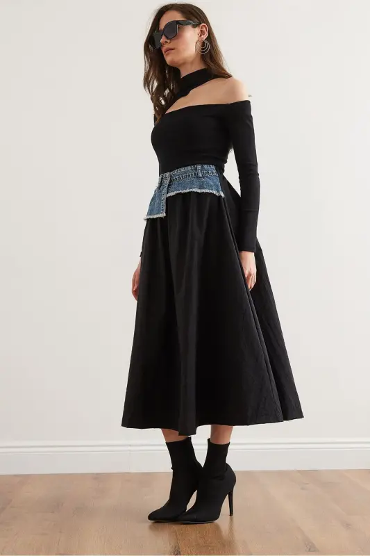 Женский Черный Синий Джинсовый Парашютный Колокол с Карманами - 4