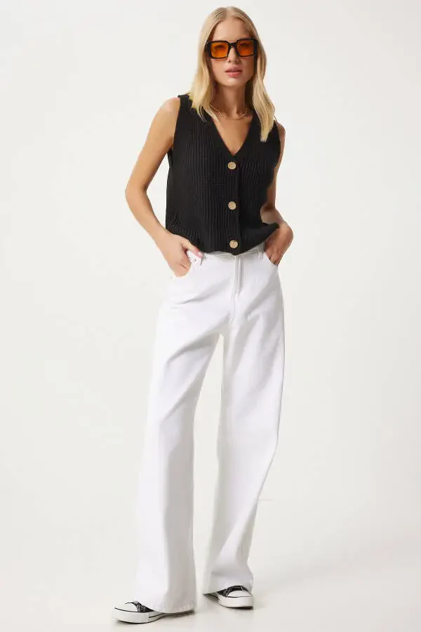 Женский черный трикотажный жилет с V-образным вырезом YY00221 - 3