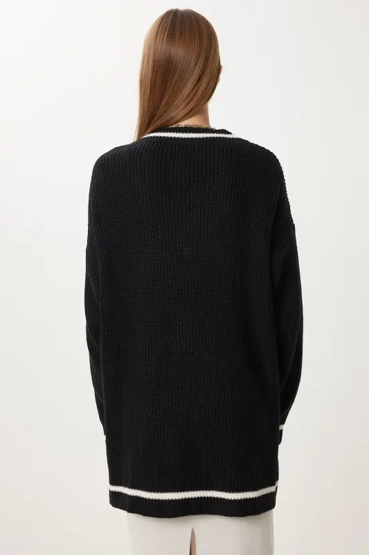 Женский черный V-образный свитер оверсайз BP00140 - 6