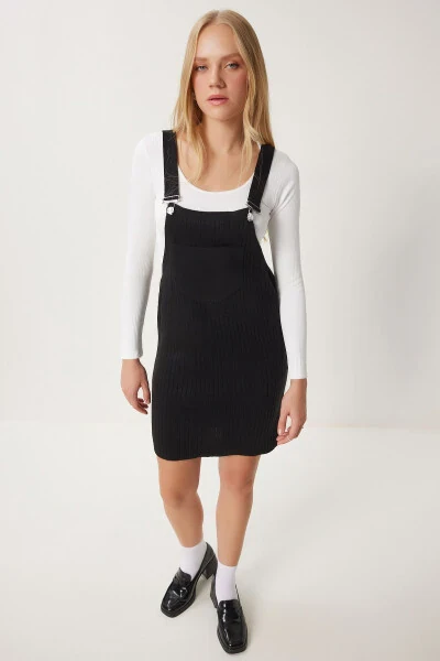 Женский черный вельветовый комбинезон с широкими карманами CI00112 - HAPPINESS İSTANBUL