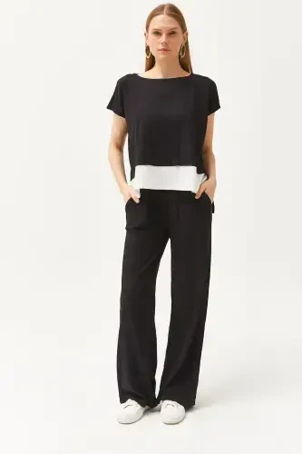 Женский Черный Верх Блузка Низ Брюки Костюм TKM-190002 - 1