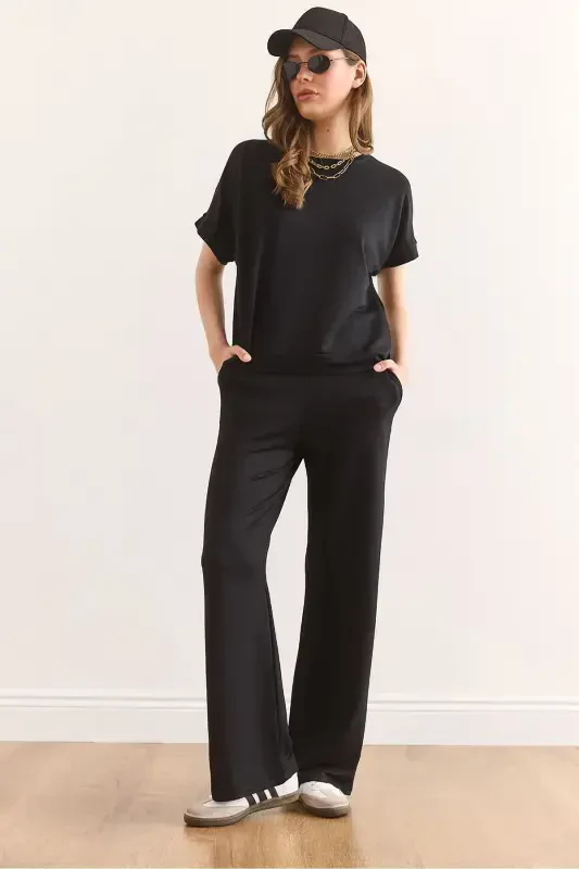 Женский Черный Верх Блузка Низ Карманы Брюки Костюм TKM- - OLALOOK