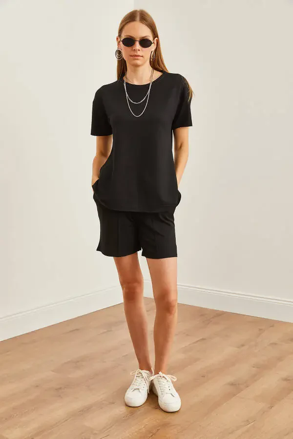 Женский черный верх овальная футболка нижняя часть шорты с карманами TKM-19000303 - 2