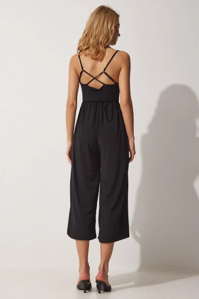 Женский черный вязаный комбинезон с V-образным вырезом на бретельках UB00067 - 4