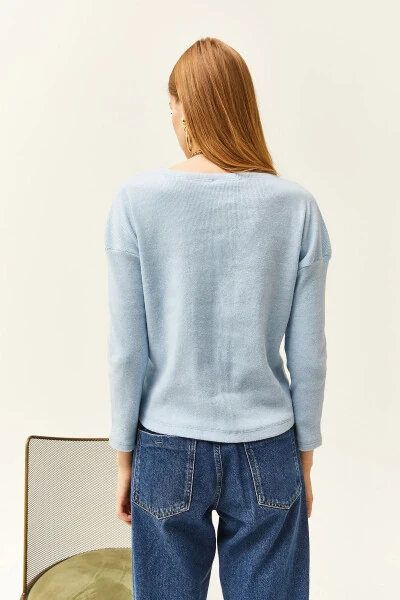 Женский детский голубой свитер с пуговицами и чертополохом KZK-19000721 - 5
