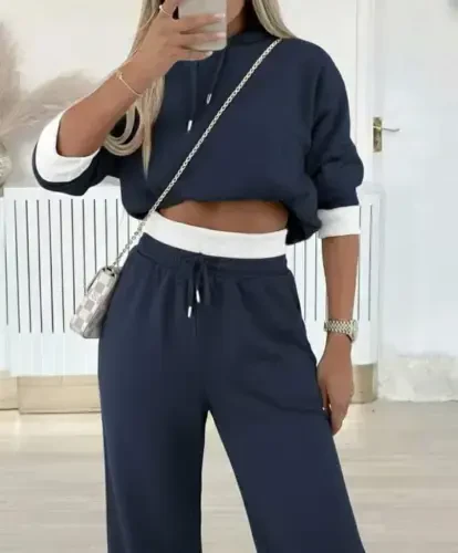 Женский Длинный Рукав С Капюшоном Вискоза Двухниточный Дымчатый Блузка И Брюки Костюм Двойка - 4