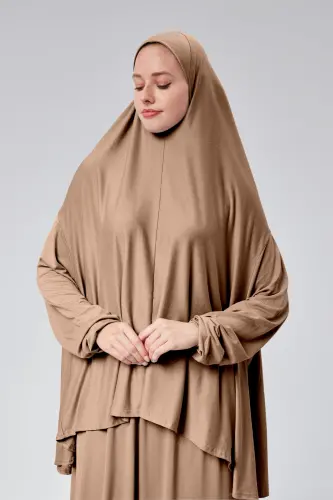 Женский Двухчастный Костюм Для Молитвы с Хиджабом, Органический Хлопок, Эластичный Рукав, Нескользящая Юбка, Хлопковый Трикотаж, Мусульманская Одежда - Молочный Кофе - 2