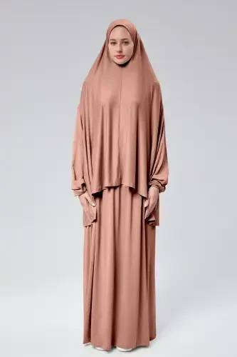 Женский двухпредметный молитвенный наряд с капюшоном, органический хлопок, эластичные нескользящие рукава, трикотажная юбка для хиджаба, цвет розовый бутон - 1