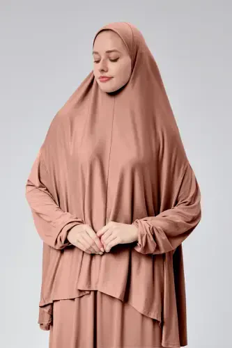 Женский двухпредметный молитвенный наряд с капюшоном, органический хлопок, эластичные нескользящие рукава, трикотажная юбка для хиджаба, цвет розовый бутон - 2