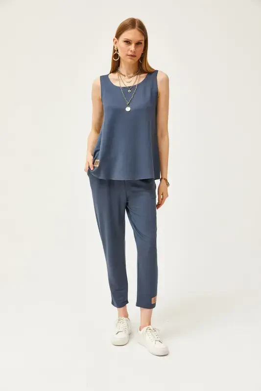 Женский Дымчатый Безрукавный Свободный Блузочный Комплект со Стразами TKM-19000271-Дымчатый - 2