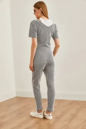 Женский Дымчатый Топ с Отделкой Блузки Узкие Брюки с Карманами Снизу - 6