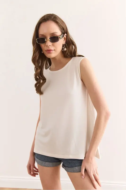 Женский экрю велосипедный воротник без рукавов вязаный вискоза B - 3