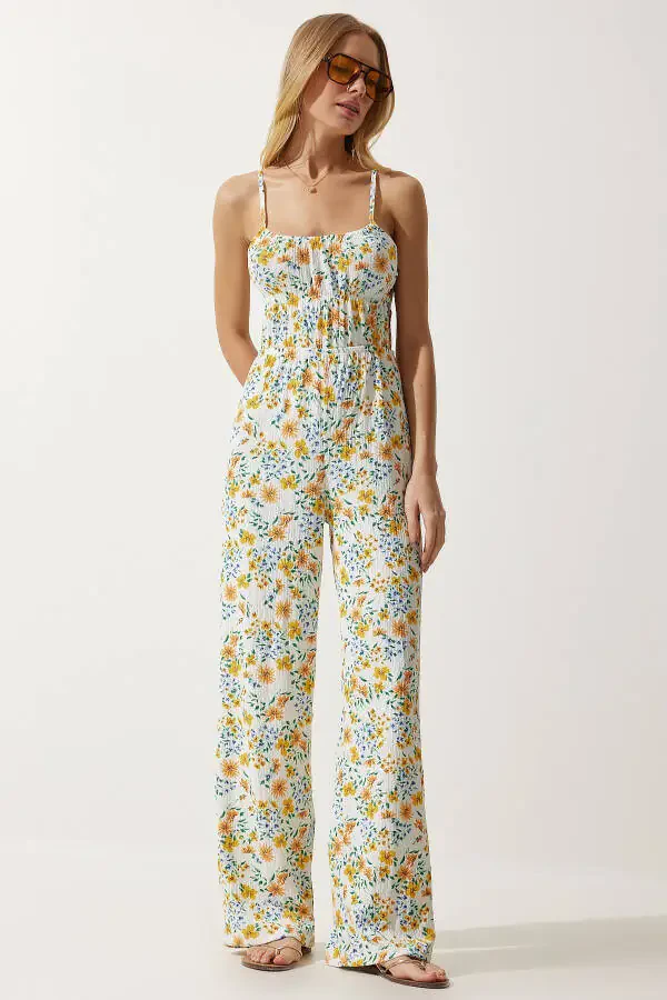 Женский экрю желтый комбинезон с узорным рисунком на окне UB00245 - 3