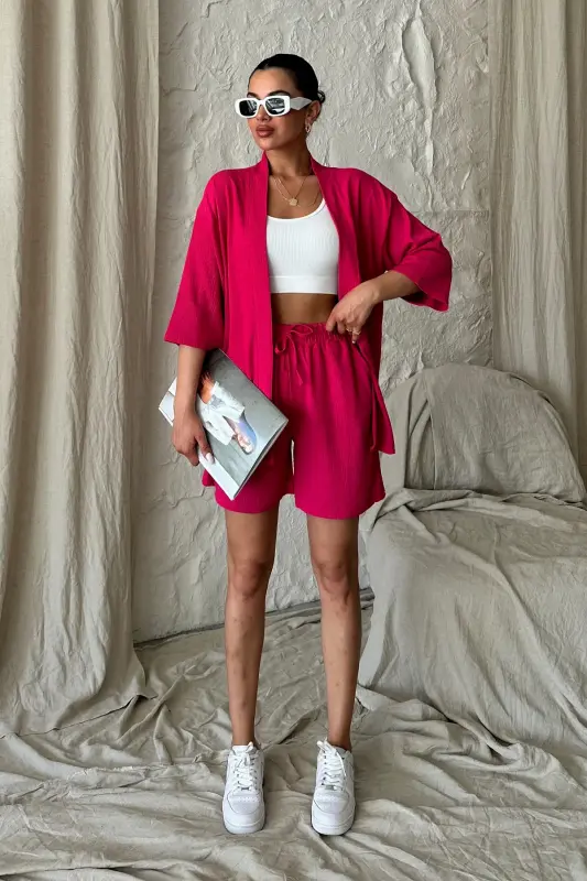 Женский фуксия-розовый комплект кимоно-рубашки с шортами - фуксия-розовый - 2