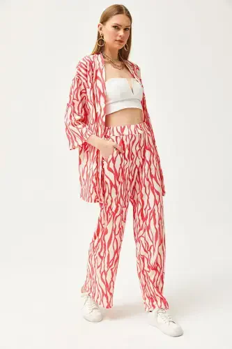 Женский фуксия верх кимоно низ с карманами брючный костюм TK - OLALOOK (1)