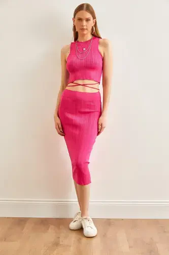 Женский фуксия верх шнуровка блузка низ юбка трико комплект TKM - OLALOOK (1)