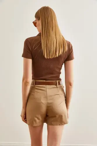 Женский Габардиновый Хлопковый Плащ с Норковым Поясом и Деталью на Клапане - 5