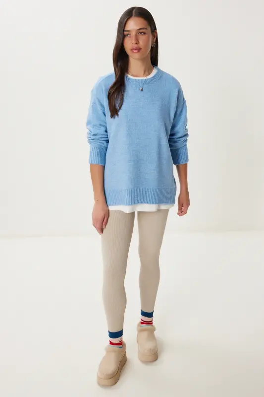 Женский Индиго Синий Oversize Трикотажный Свитер PN00054-Индиго Синий - 5