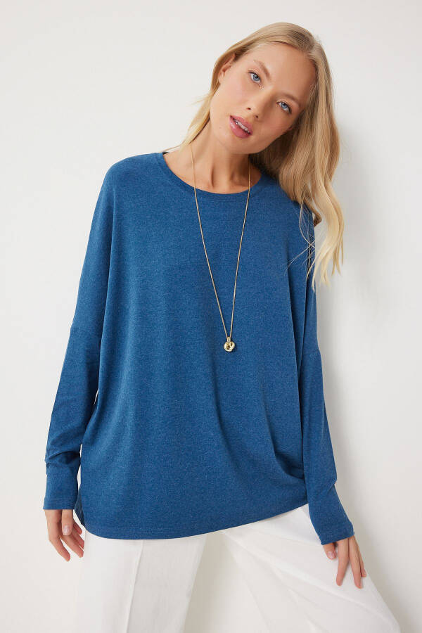 Женский индиго синий велосипед воротник летучая мышь рукава вязаный блузка EN00616 - 1