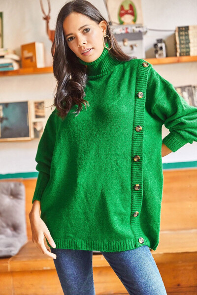 Женский изумрудно-зеленый вязаный свитер свободного кроя с боковыми пуговицами KZK-19000536 - OLALOOK (1)