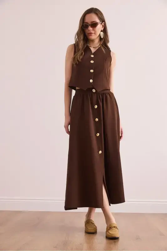 Женский Кофе Горький Верх Подкладка Жилет Низ Пуговица Клеш - 3