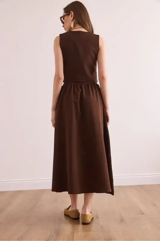 Женский Кофе Горький Верх Подкладка Жилет Низ Пуговица Клеш - 8