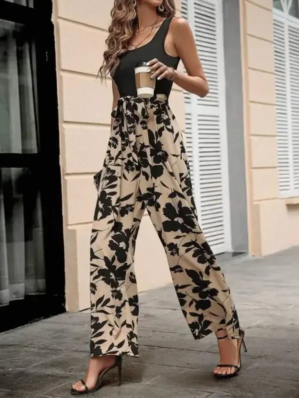 Женский комбинезон с круглым вырезом на бретелях, с поясом на талии, топ из вискозы, низ из дайвинга - 4