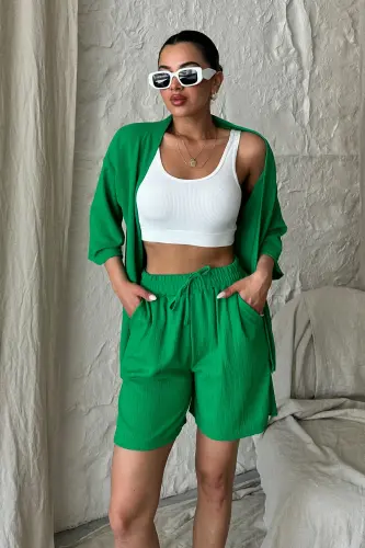 Женский комплект Benetton: зеленая рубашка-кимоно, шорты, верх и низ - зеленый - 1