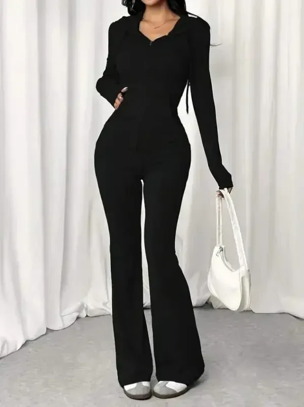 Женский комплект: блуза из вискозы двунитки с длинными рукавами, капюшоном, шнурком, молнией спереди и брюки. - 3