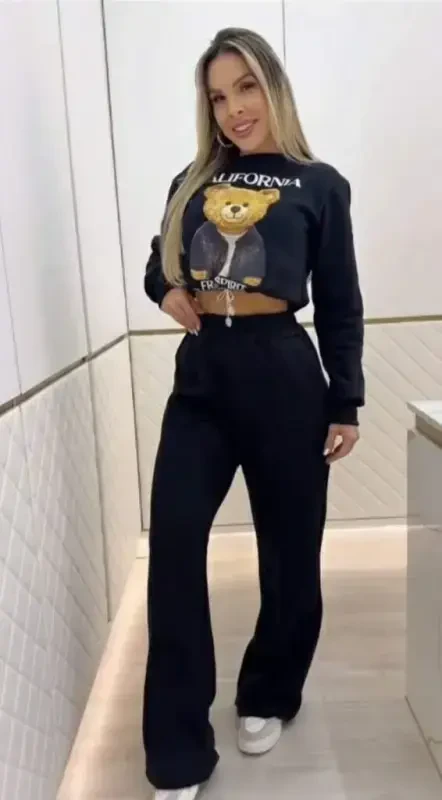 Женский комплект из двух частей: блузка с длинными рукавами, велосипедным воротником, узорчатым принтом и брюки из двухниточной ткани с начесом - BÜYÜKBEDENIZ