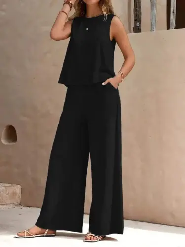 Женский комплект из двух предметов: майка-борцовка, блузка из аэробной ткани с круглым вырезом и брюки - BÜYÜKBEDENIZ (1)