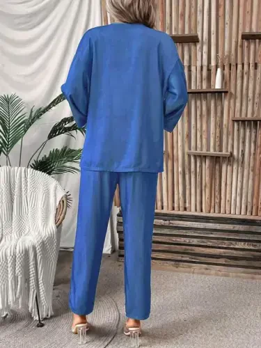 Женский комплект из двух предметов: тканая куртка с длинными рукавами и открытой передней частью и брюки - BÜYÜKBEDENIZ (1)