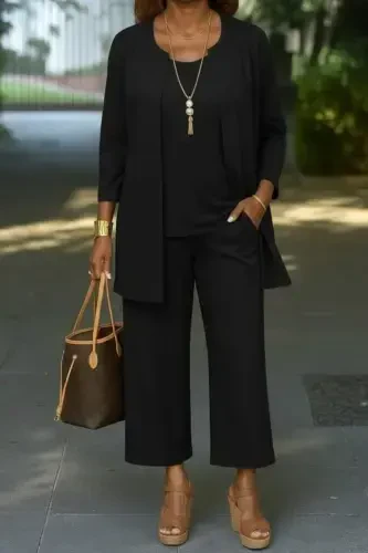 Женский комплект из модального жакета с длинными рукавами и открытой передней частью, вискозной блузки без рукавов из двухниточной ткани и брюк. - 3