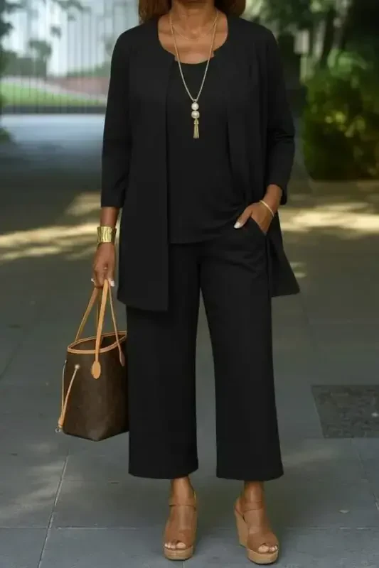 Женский комплект из модального жакета с длинными рукавами и открытой передней частью, вискозной блузки без рукавов из двухниточной ткани и брюк. - 3