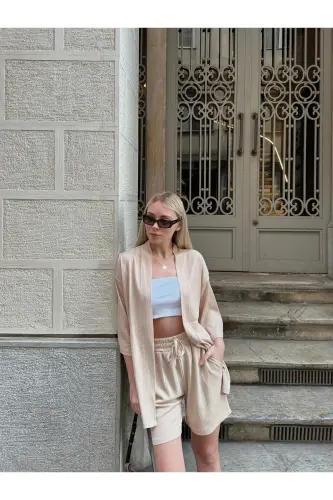 Женский комплект кимоно с шортами с приспущенными плечами с принтом - бежевый - 5