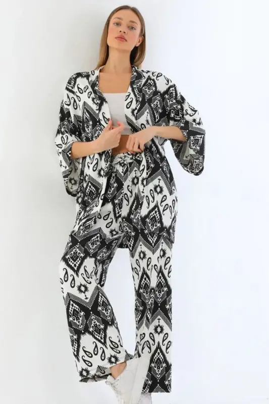 Женский комплект палаццо с широкими штанинами и кимоно с узором на черном платке - ШАЛЬДЕЗЕНСИЯХ - 1