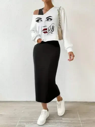 Женский комплект: платье на бретельках с круглым вырезом из вискозы, двухниточное и блузка с V-образным вырезом. - BÜYÜKBEDENIZ (1)