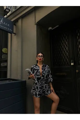 Женский Комплект: Рубашка Оверсайз и Шорты из Ткани Броде - Черный с Узором - LB LALUNA BUTIK (1)