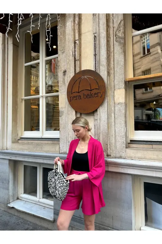 Женский комплект с шортами, кимоно с приспущенными плечами - розовый - 6