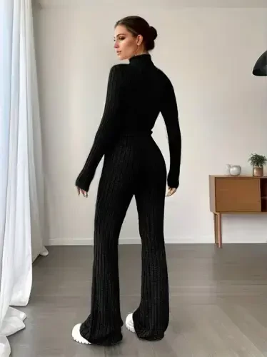 Женский Комплект: Укороченный Топ с Длинными Рукавами, Водолазка и Брюки из Кашкорсе на Флисе - BÜYÜKBEDENIZ (1)