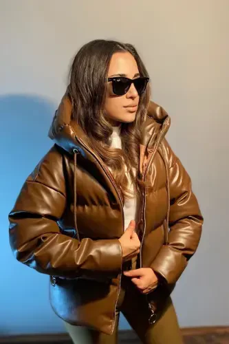 Женский коричневый кожаный пуховик с капюшоном - Коричневый - LA QUERTA (1)