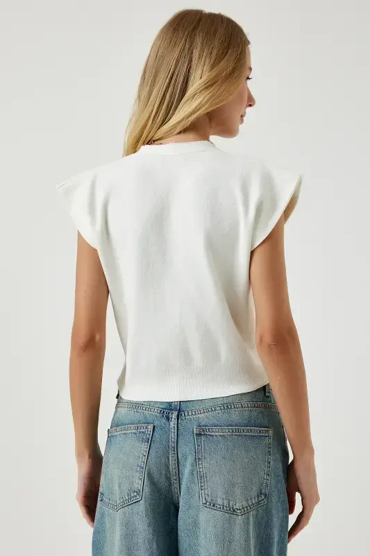 Женский Короткий Трикотажный Жилет на Пуговицах из Кости YY00206-Кость - 6