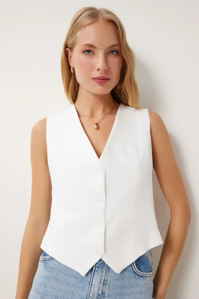 Женский короткий вязаный жилет белого цвета TO00048 - Happiness İstanbul