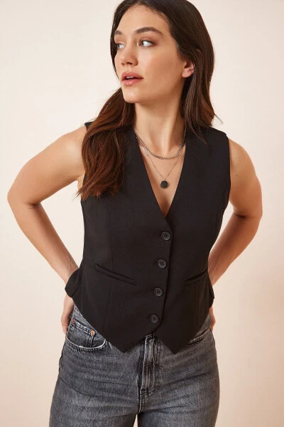 Женский короткий вязаный жилет черного цвета TO00048 - Happiness İstanbul (1)