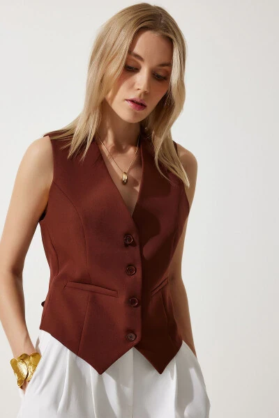 Женский короткий вязаный жилет коричневого цвета TO00048 - HAPPINESS İSTANBUL