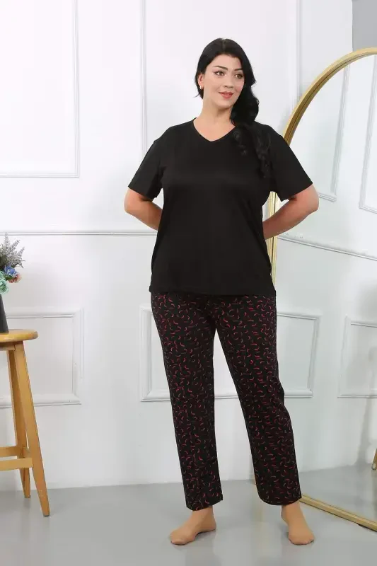 Женский короткий хлопковый пижамный костюм больших размеров, черный 202406 - 3