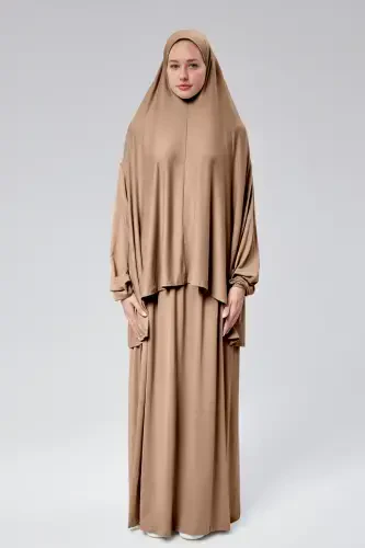 Женский костюм для намаза из двух частей, с платком, из органического хлопка, с эластичными манжетами, с нескользящей юбкой, из трикотажа, скромный - молочно-кофейный - 1