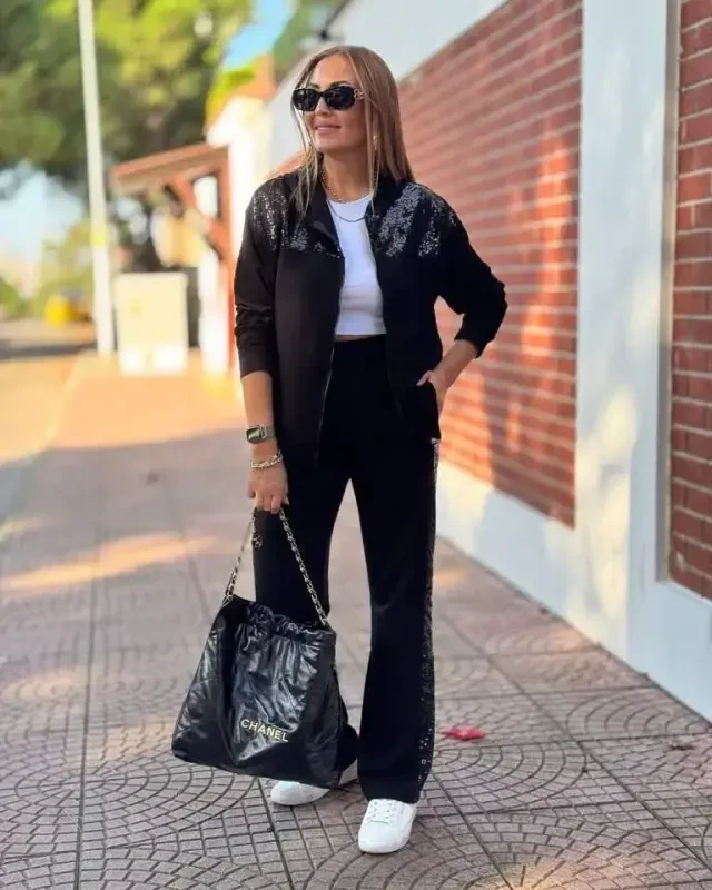 Женский костюм двойка из двухниточной ткани с блестками и молнией - BÜYÜKBEDENIZ