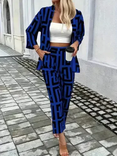 Женский костюм двойка: куртка на молнии с длинными рукавами и узорчатый двуниточный жакет с брюками. - BÜYÜKBEDENIZ (1)