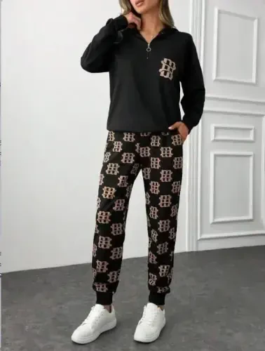 Женский костюм двойка с длинными рукавами из двухниточного трикотажа на молнии и с карманами, с капюшоном - BÜYÜKBEDENIZ (1)